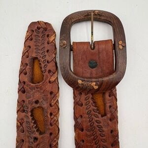 VTG Hand Tooled Belt Carved Wood‎ Buckle Leather Cut Out Western 25-29" Womens S